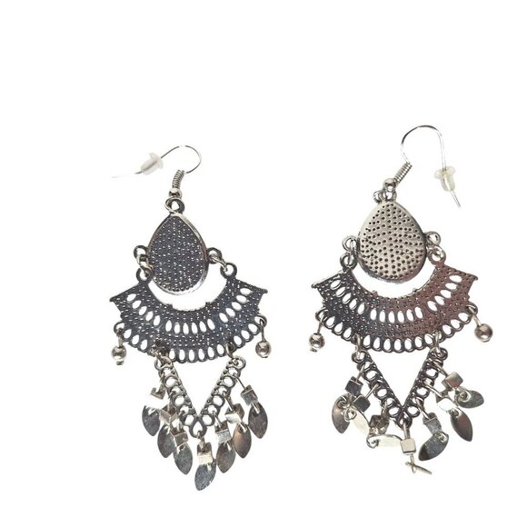 Boho Dangle Earrings Teardrop Faux Turquoise Silver Tone Ethnic Gypsy Festival - Picture 2 of 2